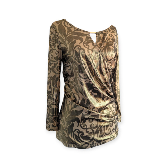 Y2K Gold Shimmer Wrap Blouse SZ M 3/4 sleeve floral silhouette stretch - Picture 1 of 9